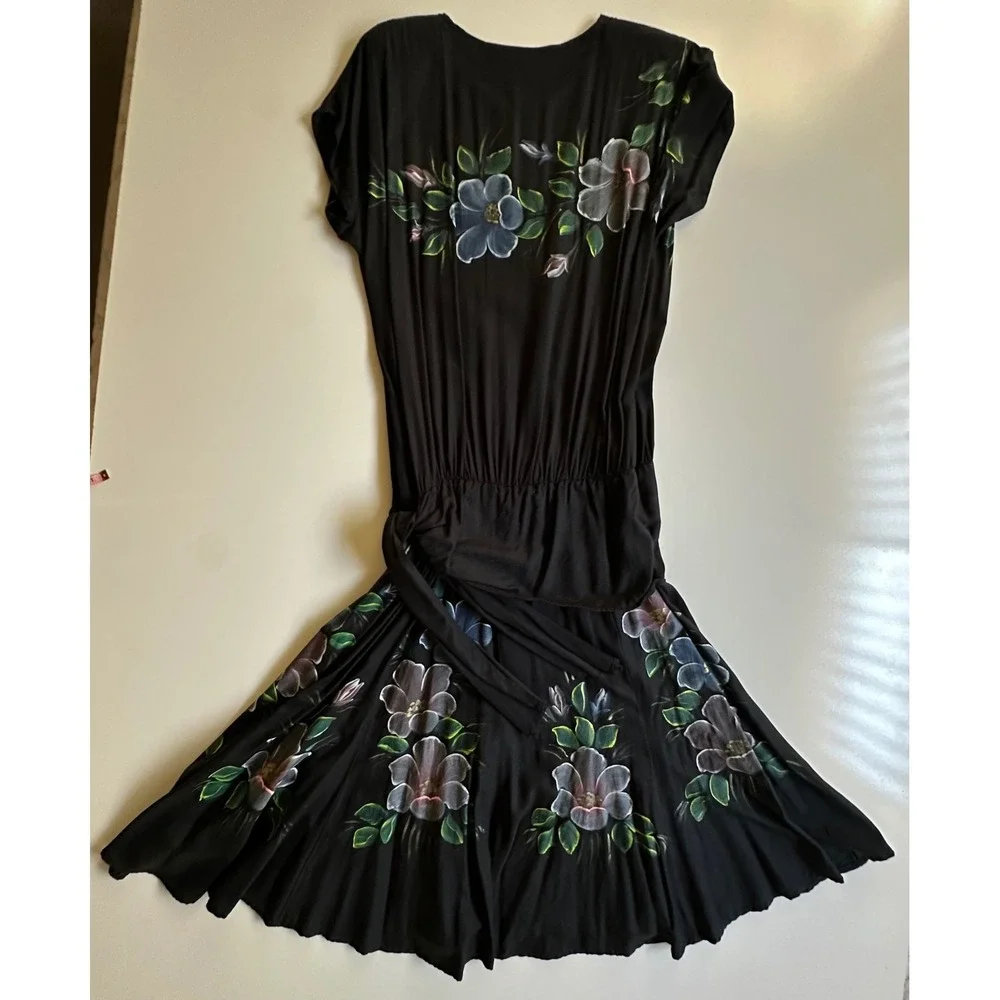 Phoenix‎ Vintage Hand Painted Floral Black Midi Dress Shoulder Pads Tie Waist OS